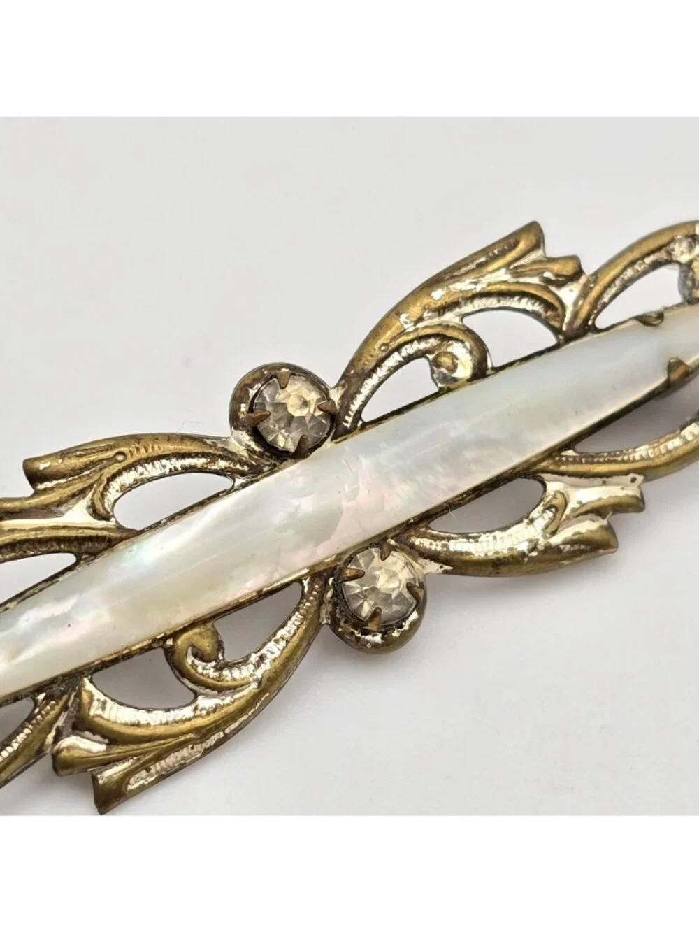 Antique Mother of Pearl Bar Brooch Mixed Tone Metal & Paste Stones - Picture 2 of 6